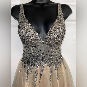 GB Gianni Binni dress with tulle & bling, deep v-neck size small